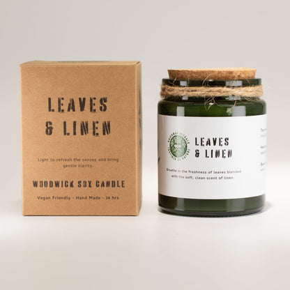 Greenman Woodwick Soy Candle - Leaves & Linen – detail view