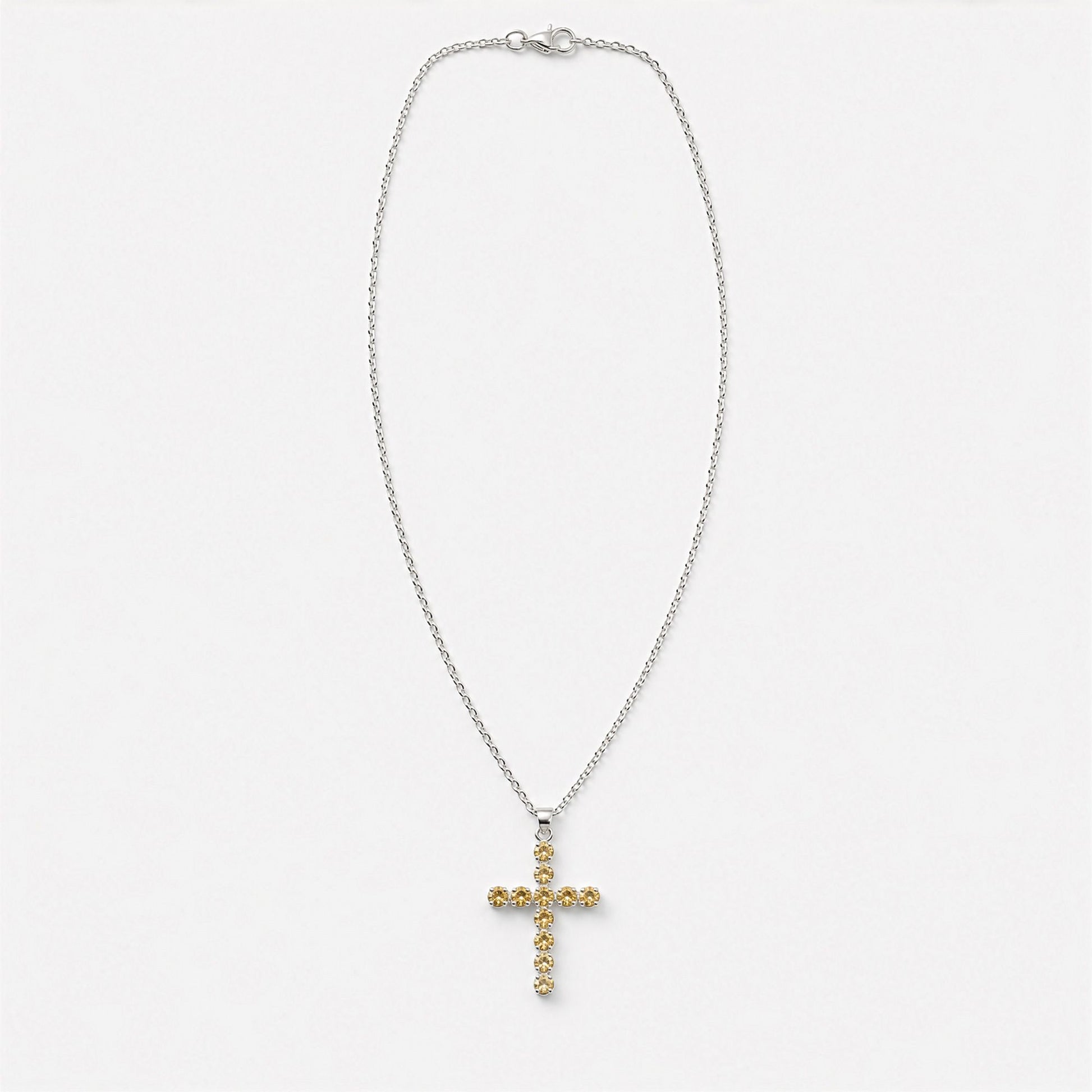 Indian Devotional Pendant - Silver Plated (45cm Chain)- Citrine Crucifix | Auro & Co