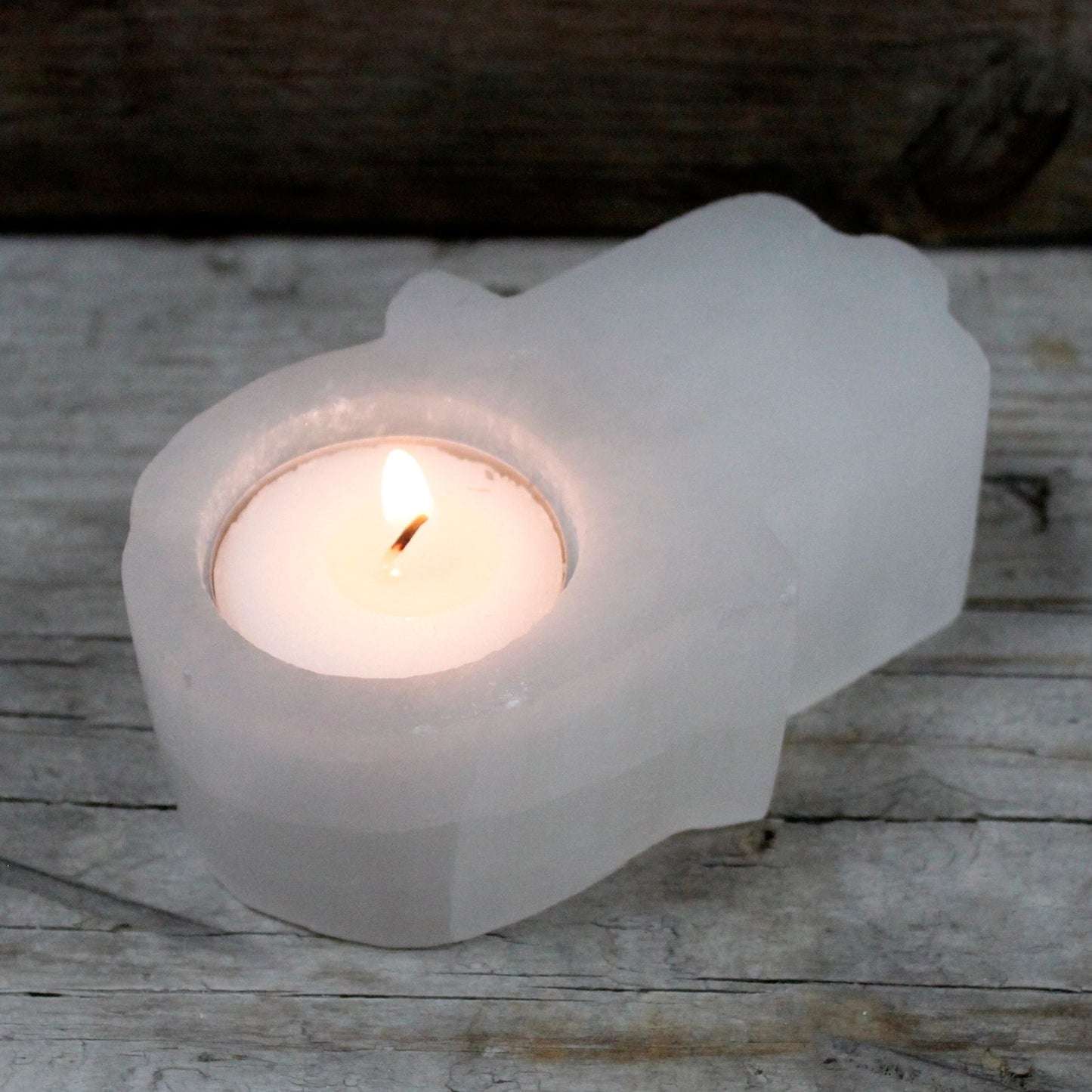 Selenite Hamsa Candle Holder  – detail view