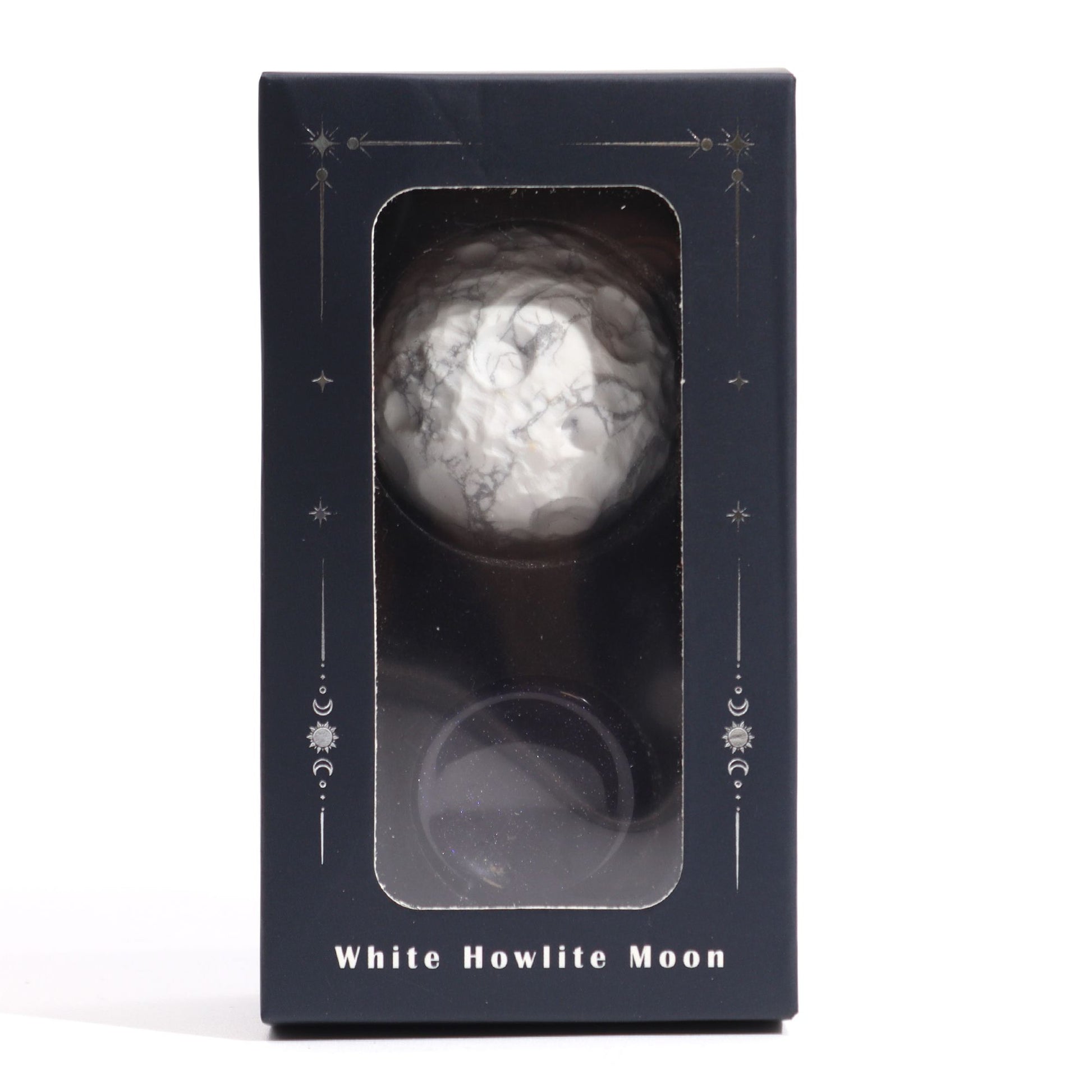 White Howlite Planet on a Sola Goldstone Stand (MOON) – packaging