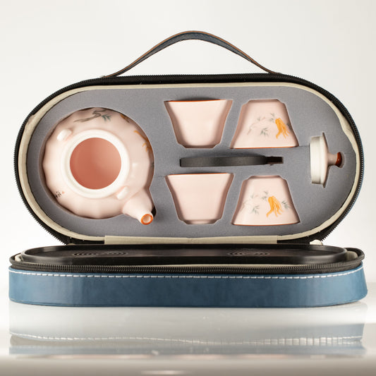 Pink Vintage Pumpkin Style Travel Teapot Set, Four Cups