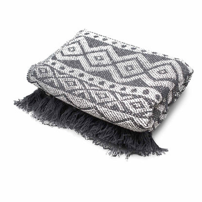 Shadow-Weave Throw – Grey Geometric Tassel Blanket