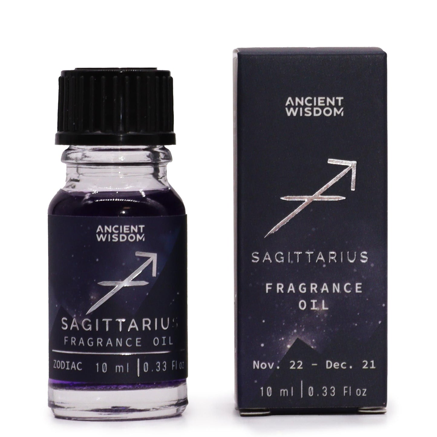 Sagittarius fragrance oil bottle and packaging on a white background
