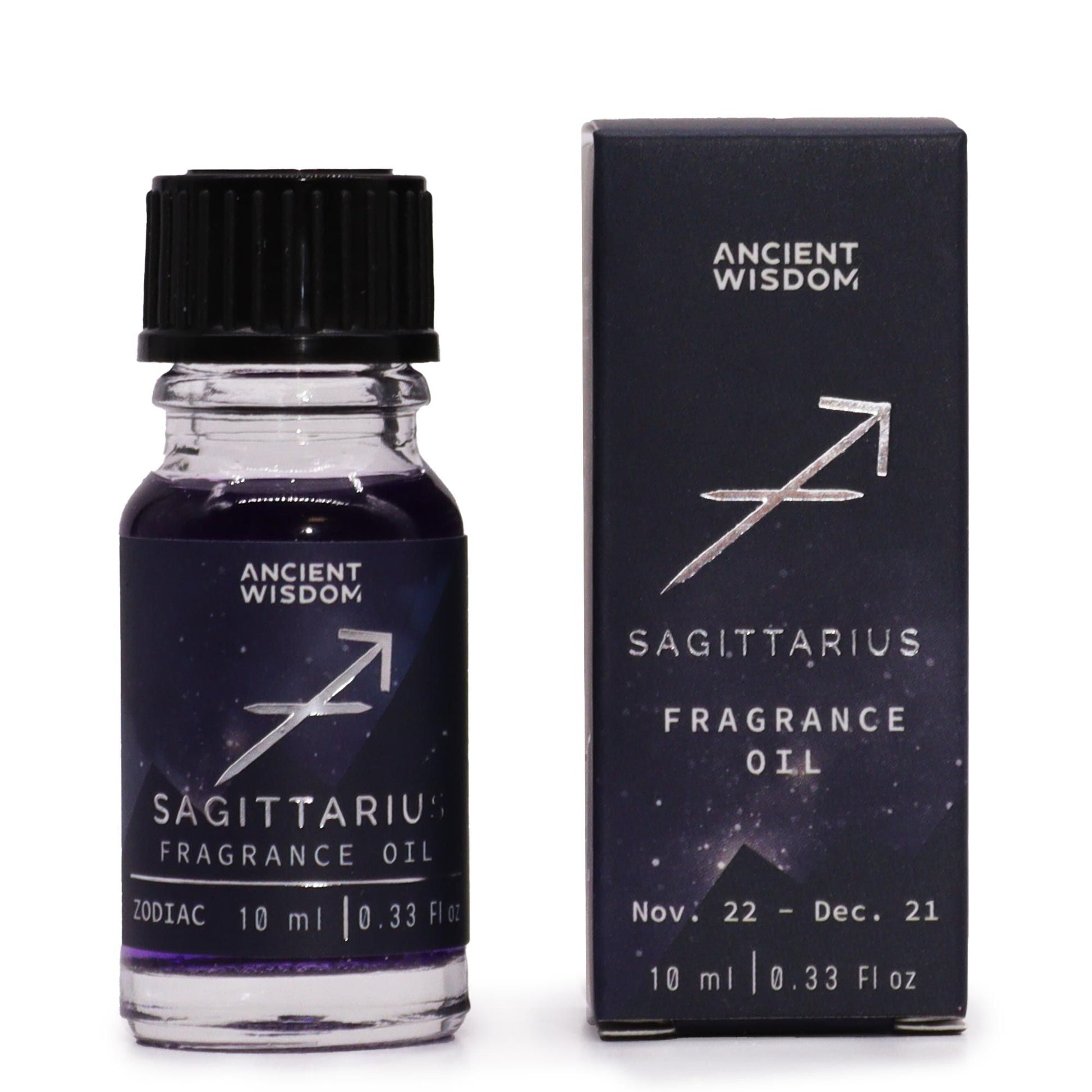 Sagittarius fragrance oil bottle and packaging on a white background