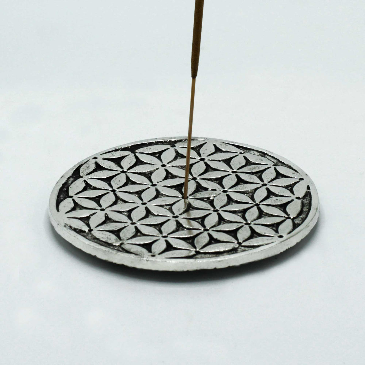 Flower of Life Incense Holder - Polished Aluminium, 11cm