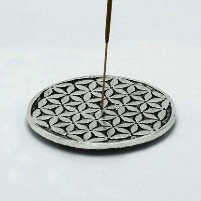 Flower of Life Incense Holder - Polished Aluminium, 11cm