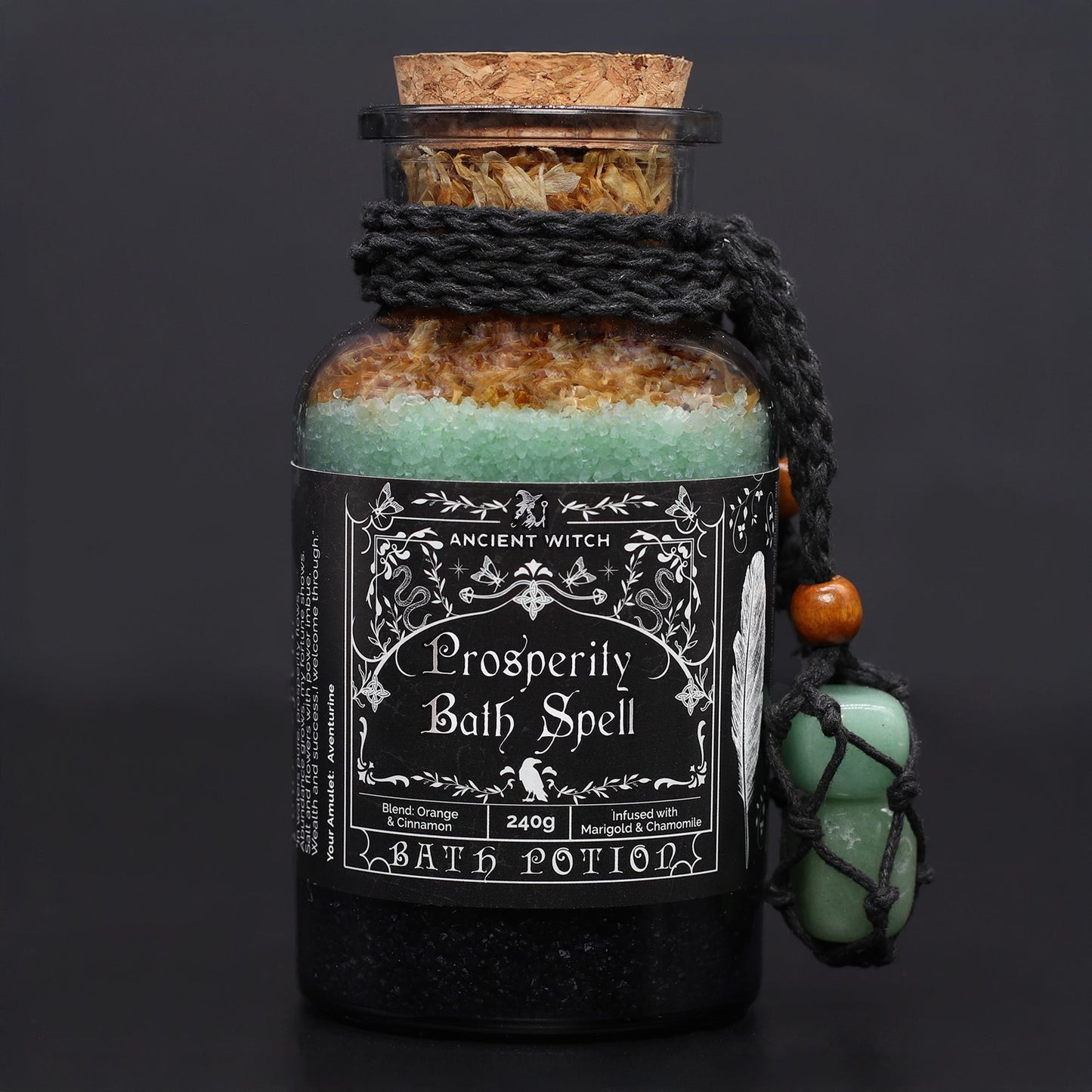 Ancient Witch Bath Spell Potion & Aventurine Crystal Amulet - Prosperity – detail view