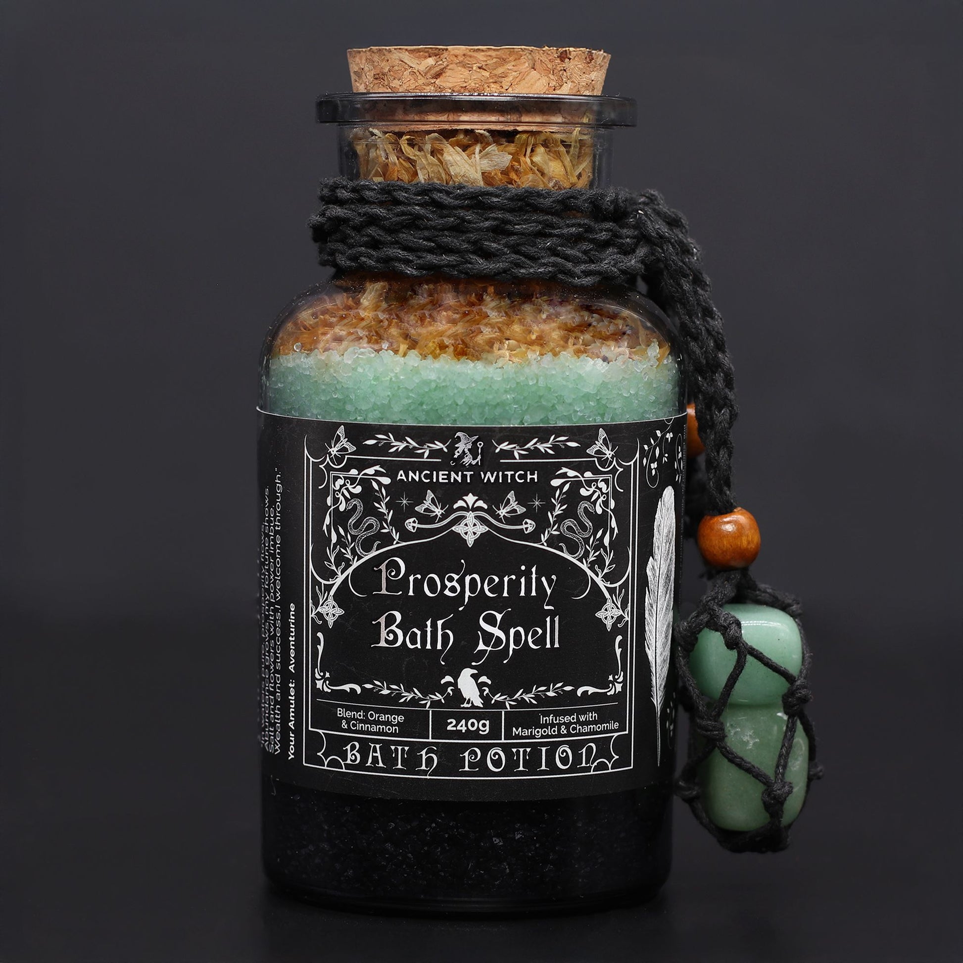 Ancient Witch Bath Spell Potion & Aventurine Crystal Amulet - Prosperity – detail view