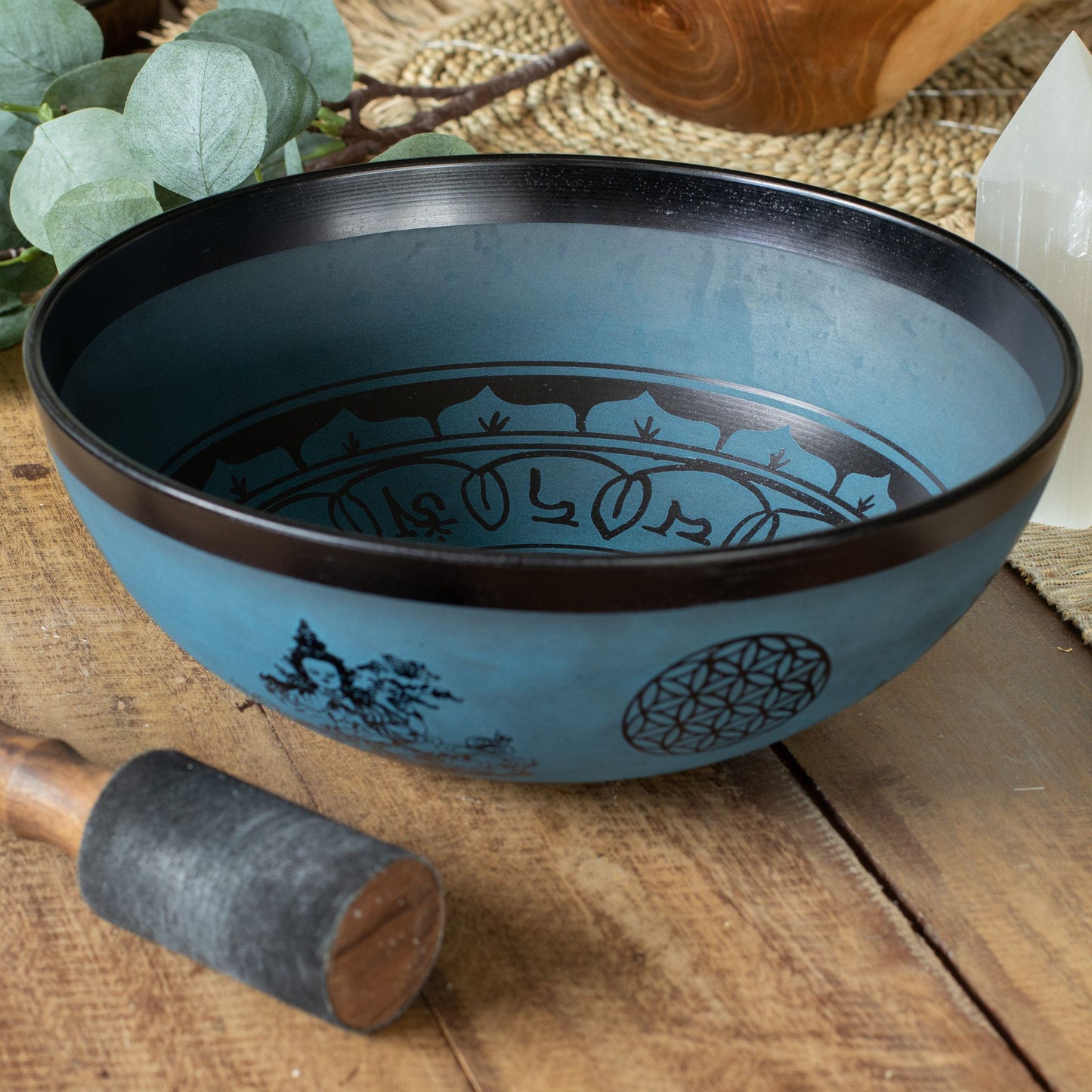 Large Aluminum Singing Bowl - Tibetan Double Dorjy Design - Blue (27cm) – lifestyle shot