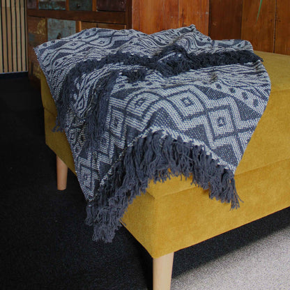 Shadow-Weave Throw – Grey Geometric Tassel Blanket