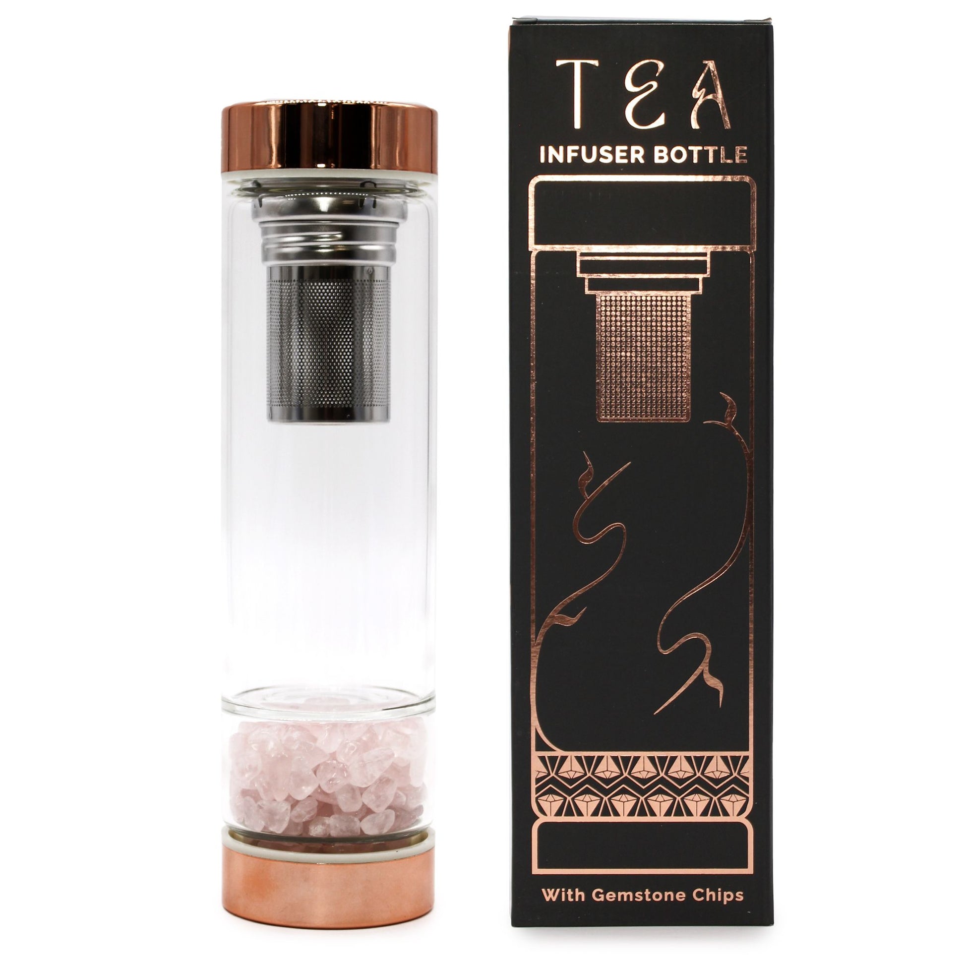 Crystal Glass Tea Infuser Bottle - Rose Gold - Rose Quartz | Auro & Co