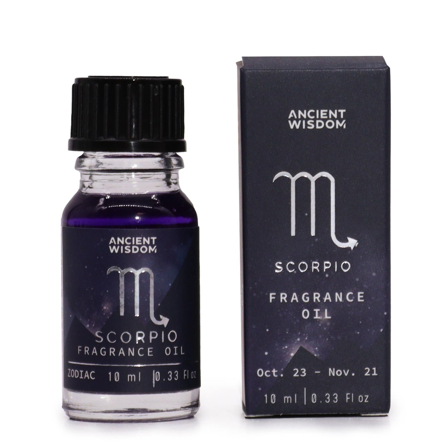 Scorpio fragrance oil bottle and packaging with 'Ancient Wisdom' branding on a white background