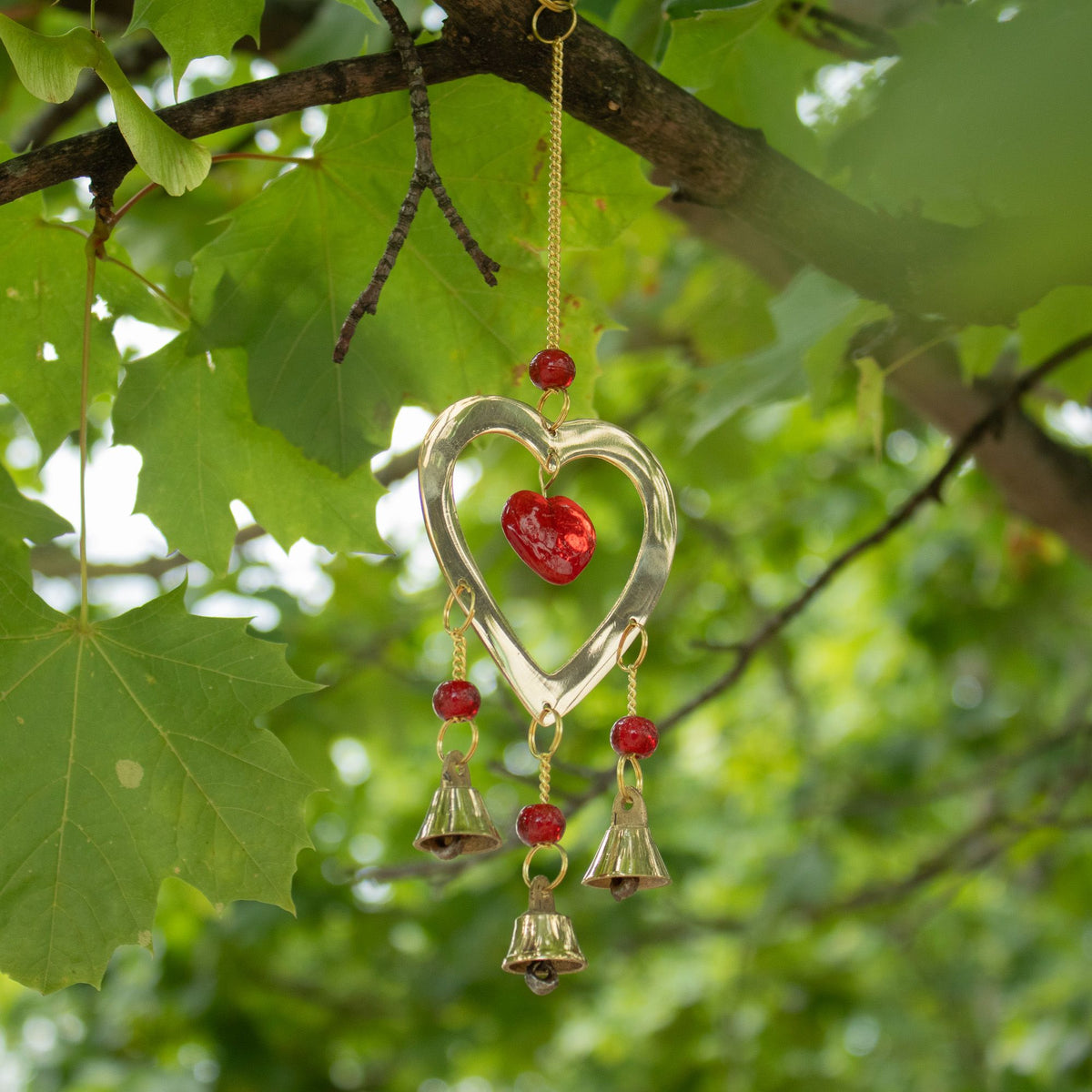 Ruby Glass Heart Bead Brass Chime, 3 Bells