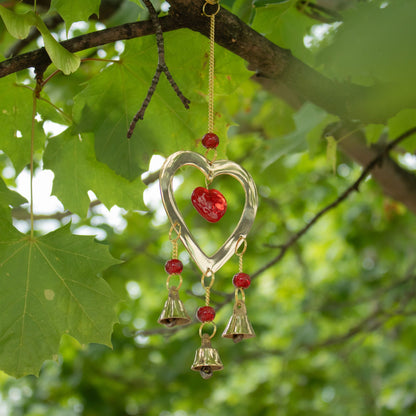 Ruby Glass Heart Bead Brass Chime, 3 Bells