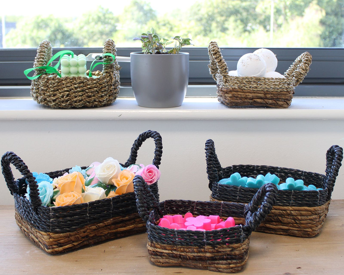 Handwoven Banana Leaf & Raffia Storage Baskets – Set of 3