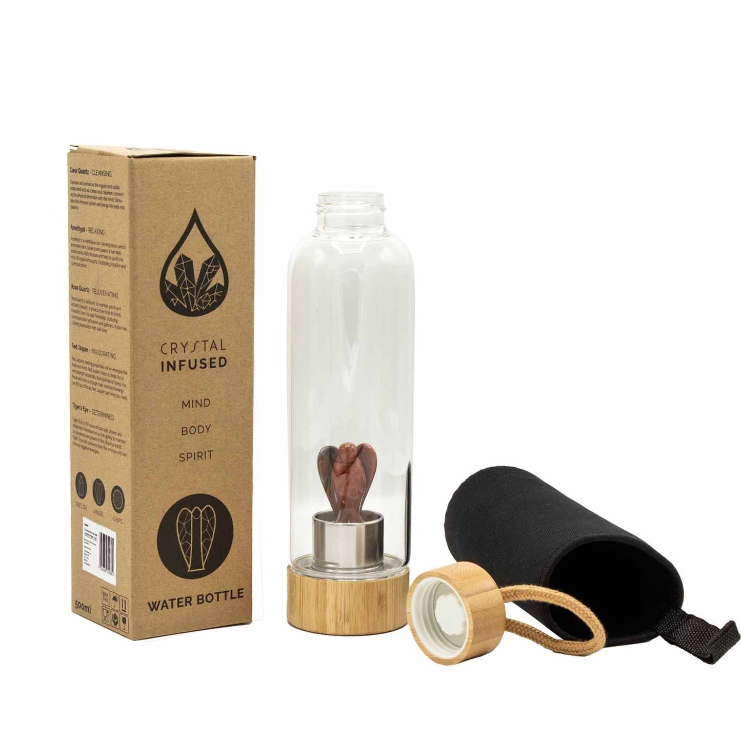 Crystal Infused Glass Water Bottle - Invigorating Red Jasper - Angel – lifestyle shot