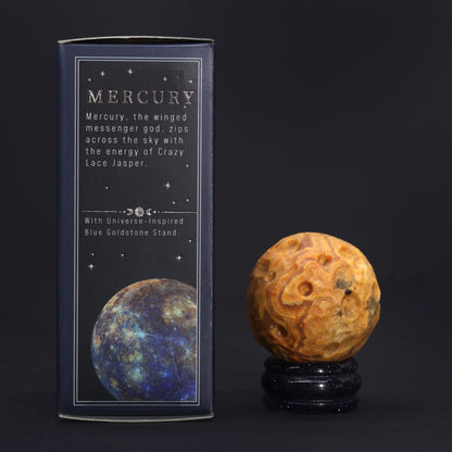 Crazy Lace Jasper Planet on a Sola Goldstone Stand (MERCURY) – lifestyle shot