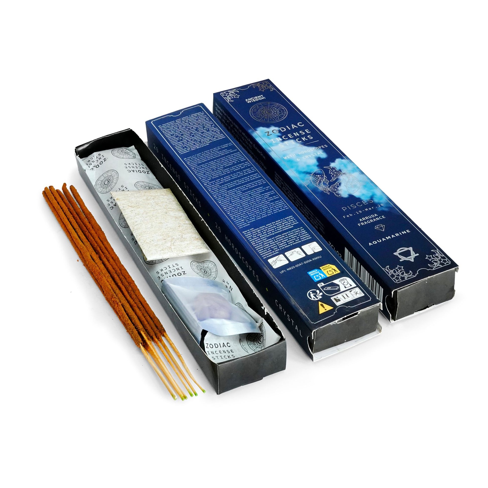 Incense sticks with their packaging on a white background