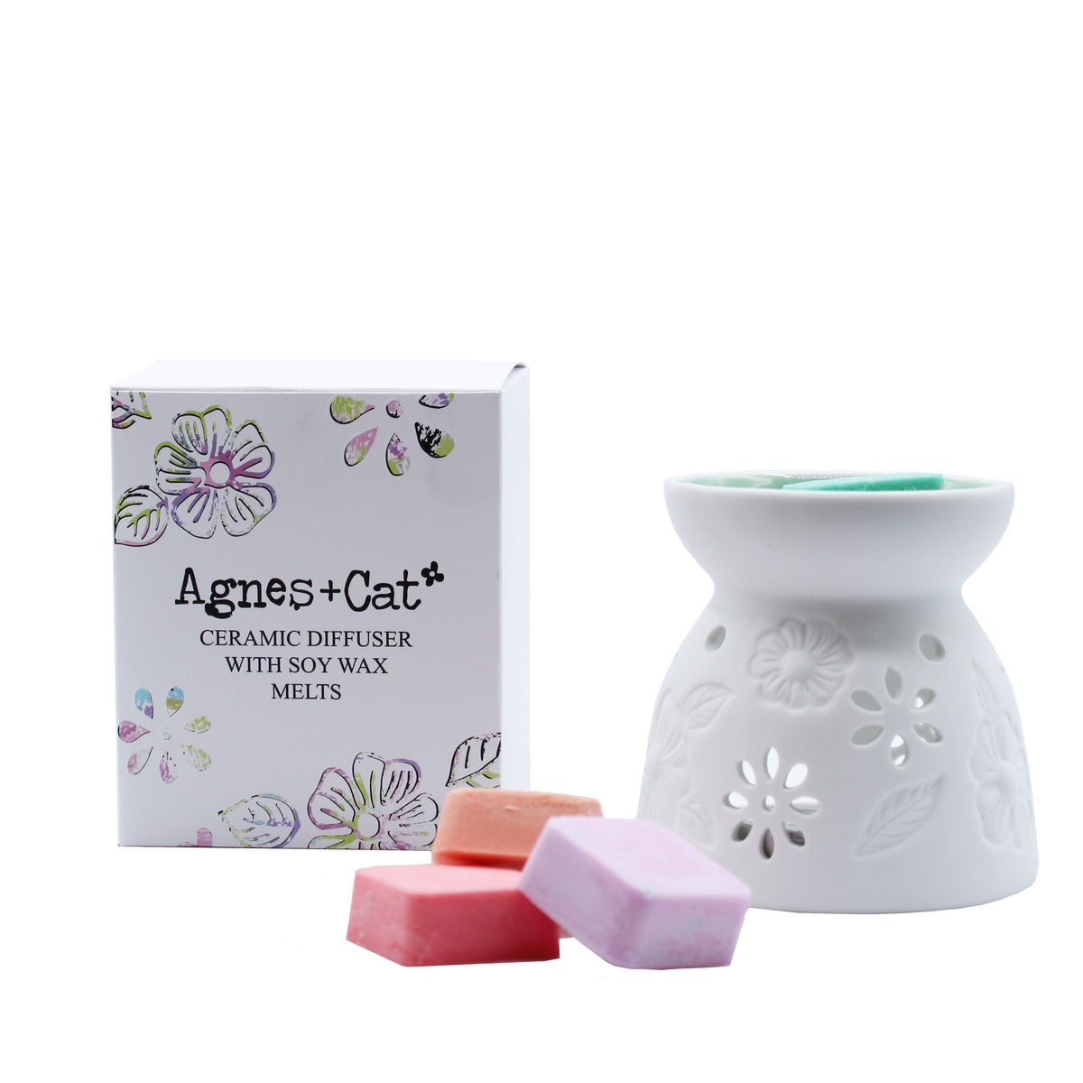 Ceramic Floral Wax Melt Burner with 4 Soy Wax Melts - Agnes + Cat