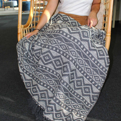 Shadow-Weave Throw – Grey Geometric Tassel Blanket