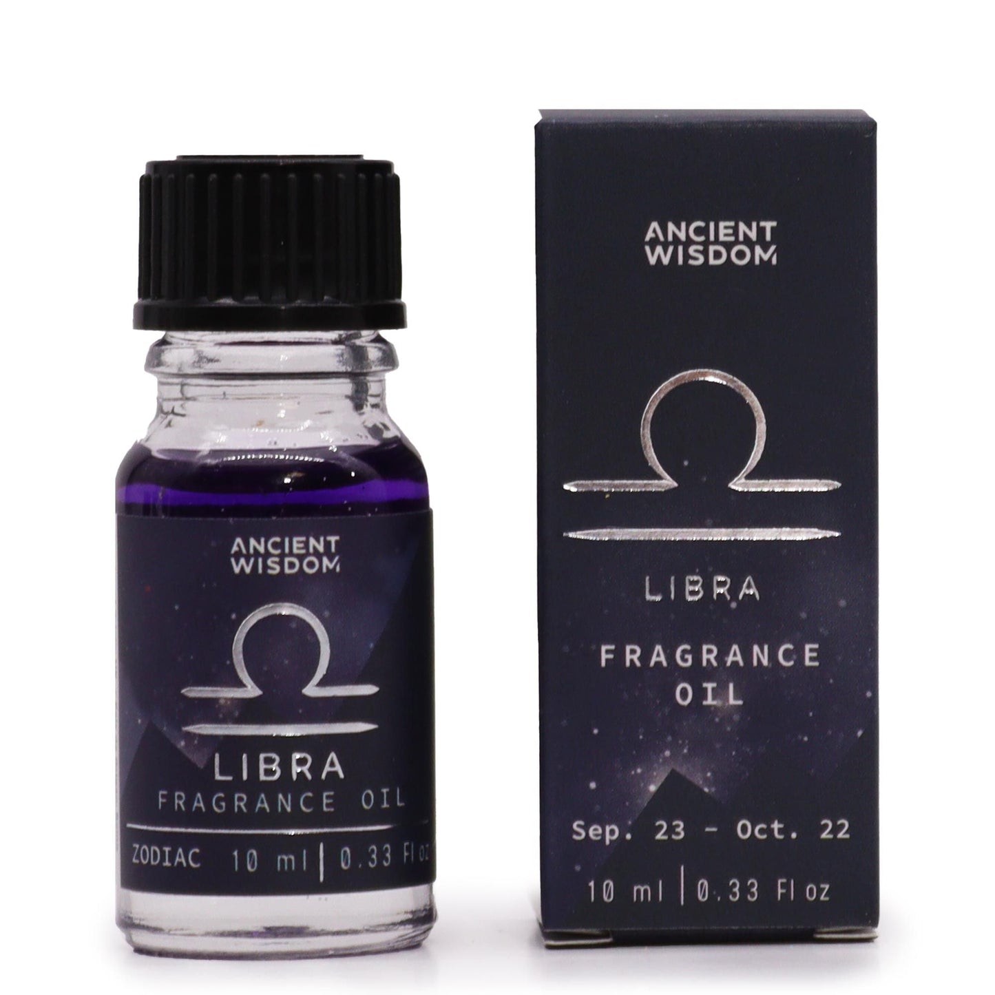 Libra fragrance oil bottle and packaging on a white background