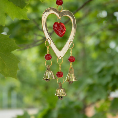 Ruby Glass Heart Bead Brass Chime, 3 Bells