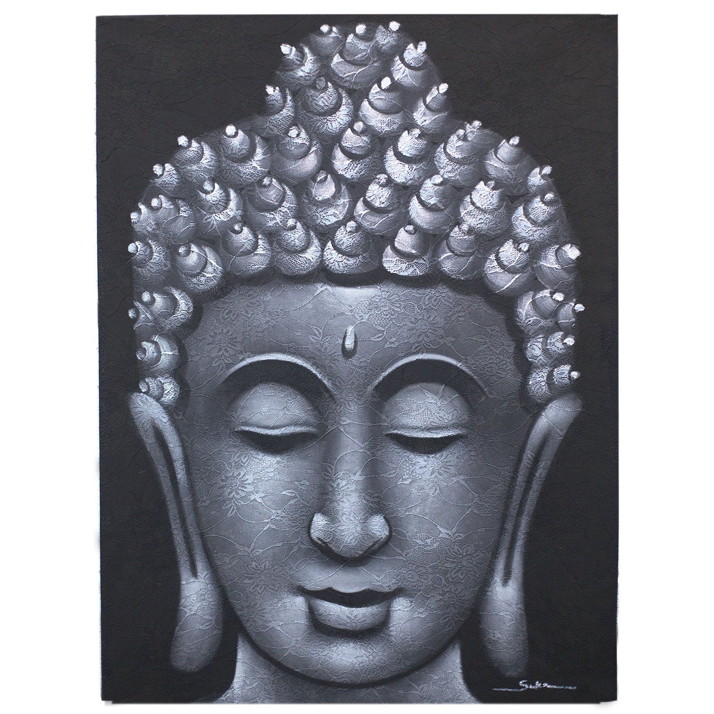 Silver Serenity Buddha – Brocade Detail Painting (80×60cm)