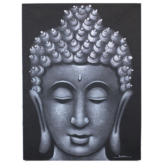 Silver Serenity Buddha – Brocade Detail Painting (80×60cm)
