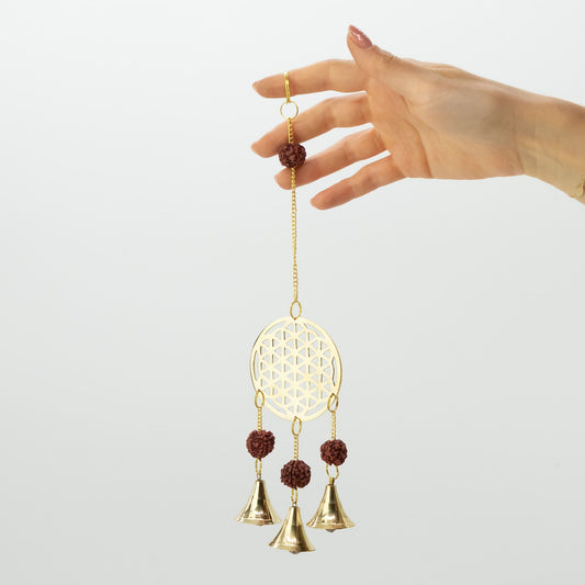 Flower of Life Brass Chime, Rudraksha Beads, 3 Bells