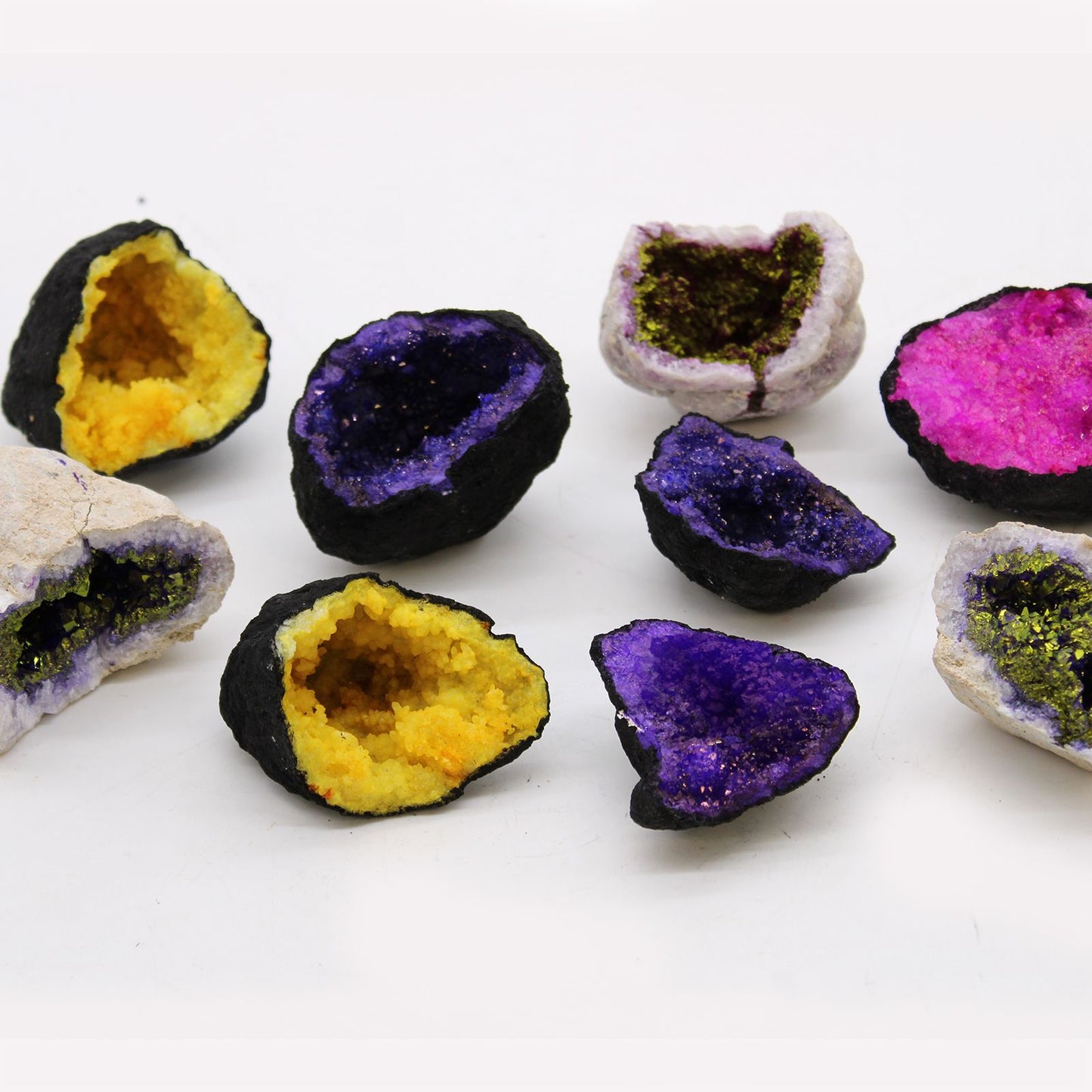 Coloured Calsite Geodes - Natural Rock - Pink & Gold – packaging