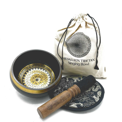 Hand Beaten & Engraved Singing Bowl Gift Set - 14cm - Round Medallions | Auro & Co