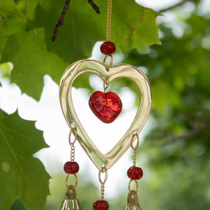 Ruby Glass Heart Bead Brass Chime, 3 Bells