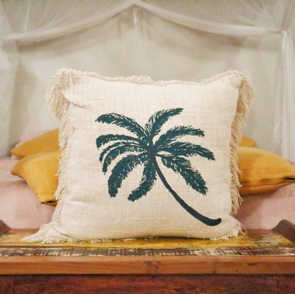 Linen Cushion Cover 60x60cm Palm Tree  with Fringe