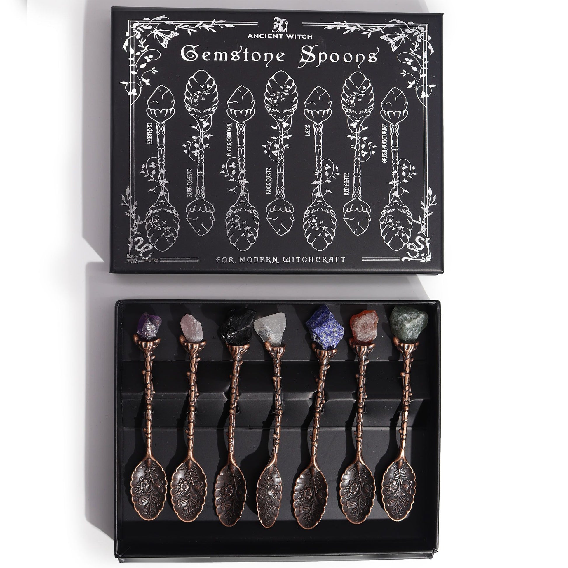 Set of 7 Bronze Gemstone Crystal Witch Spoons – lifestyle shot