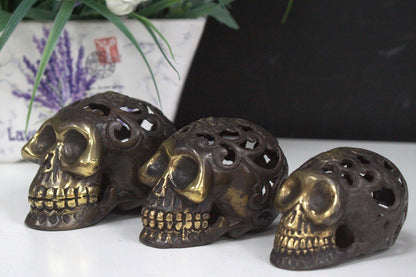 Vintage Brass Skull Ornament, Medium