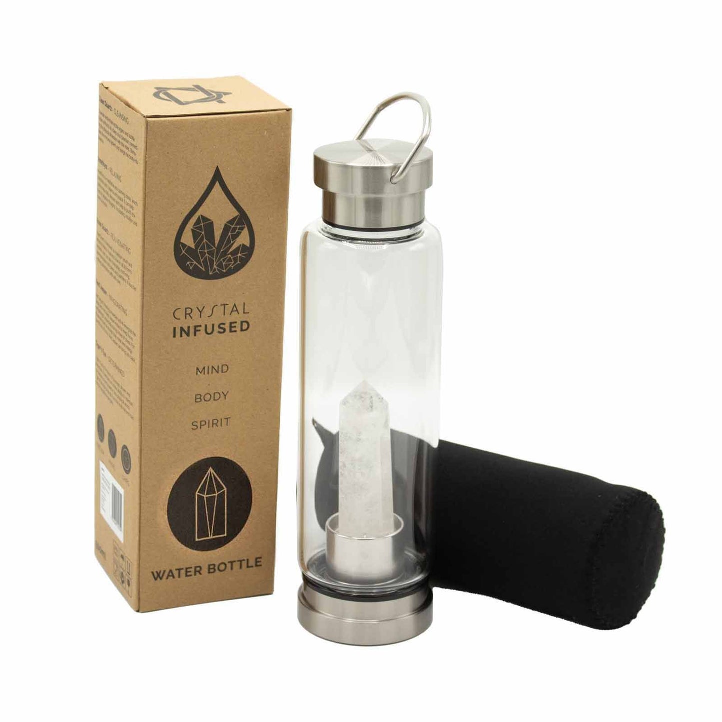 Crystal Infused Glass Water Bottle - Cleansing Clear Quartz - Obelisk – packaging