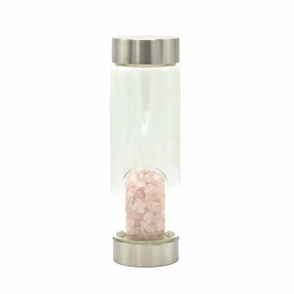 Crystal Infused Glass Water Bottle - Rejuvenating Rose Quartz - Chips | Auro & Co