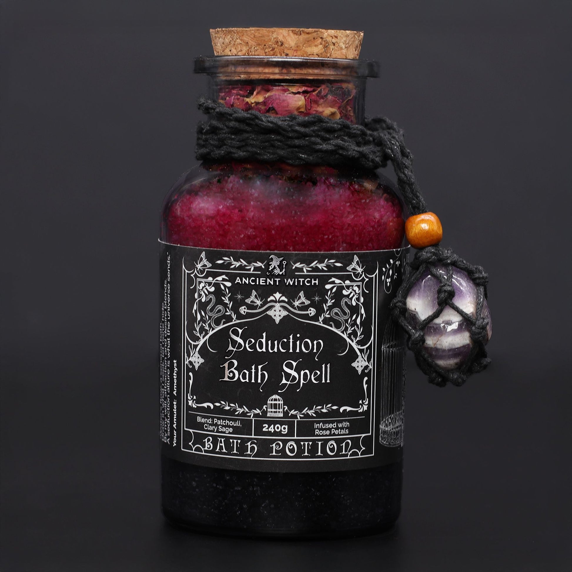 Ancient Witch Bath Spell Potion & Amethyst Crystal Amulet - Seduction – detail view