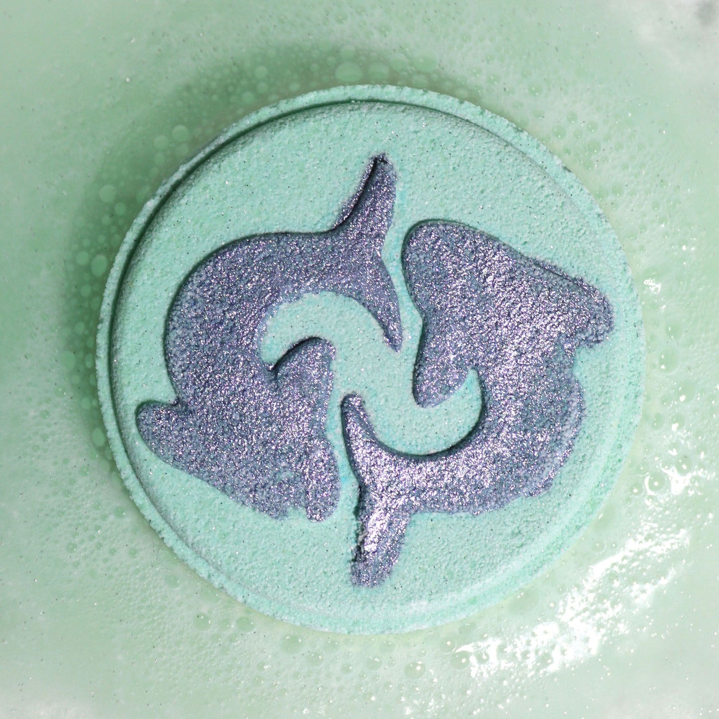 Decorative soap with a dolphin design on a light green background