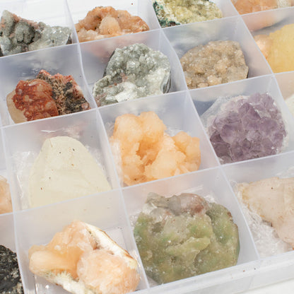 Mineral Specimens - Mixed Indian Zeolites in a Display (White Apophyllite, Stilbite,Finger Quartz, Amethyst, Green Stilbite, Heulandite) – product image 8