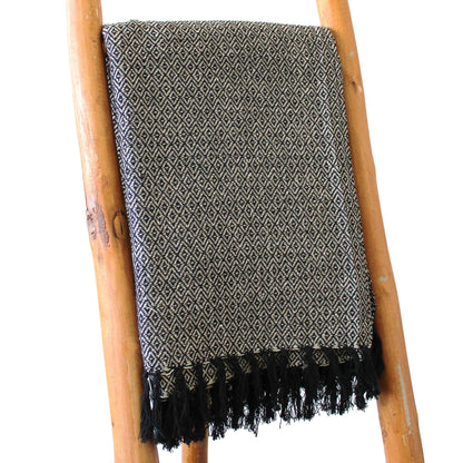 Midnight Weave Boho Throw – Charcoal Diamond Pattern