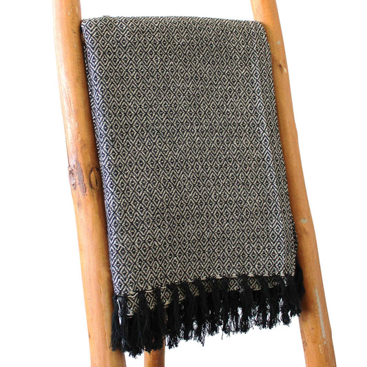 Midnight Weave Boho Throw – Charcoal Diamond Pattern