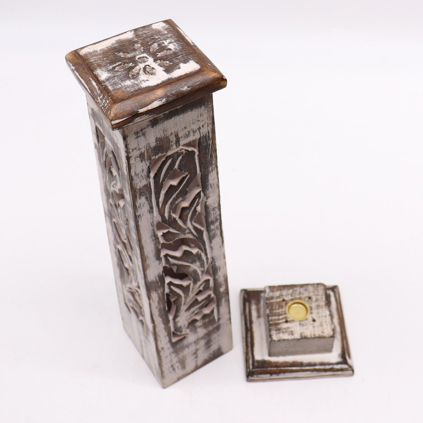Tapered Incense Tower Washed Des2 - Mango Wood – detail view