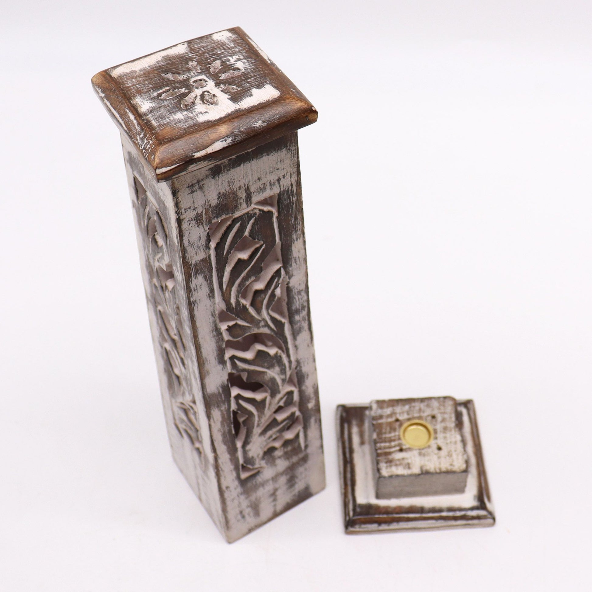 Tapered Incense Tower Washed Des2 - Mango Wood – detail view