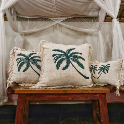 Linen Cushion Cover 60x60cm Palm Tree  with Fringe
