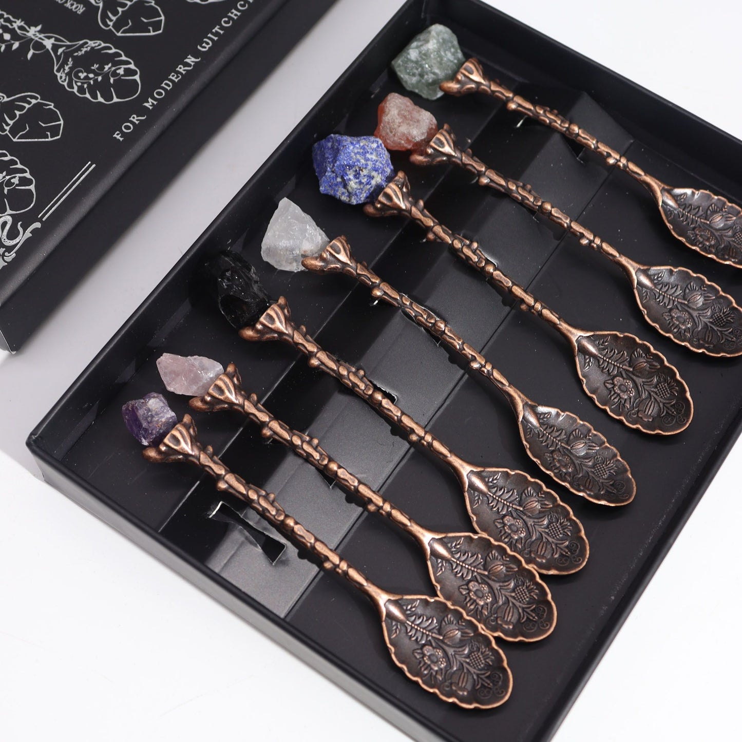 Set of 7 Bronze Gemstone Crystal Witch Spoons | Auro & Co
