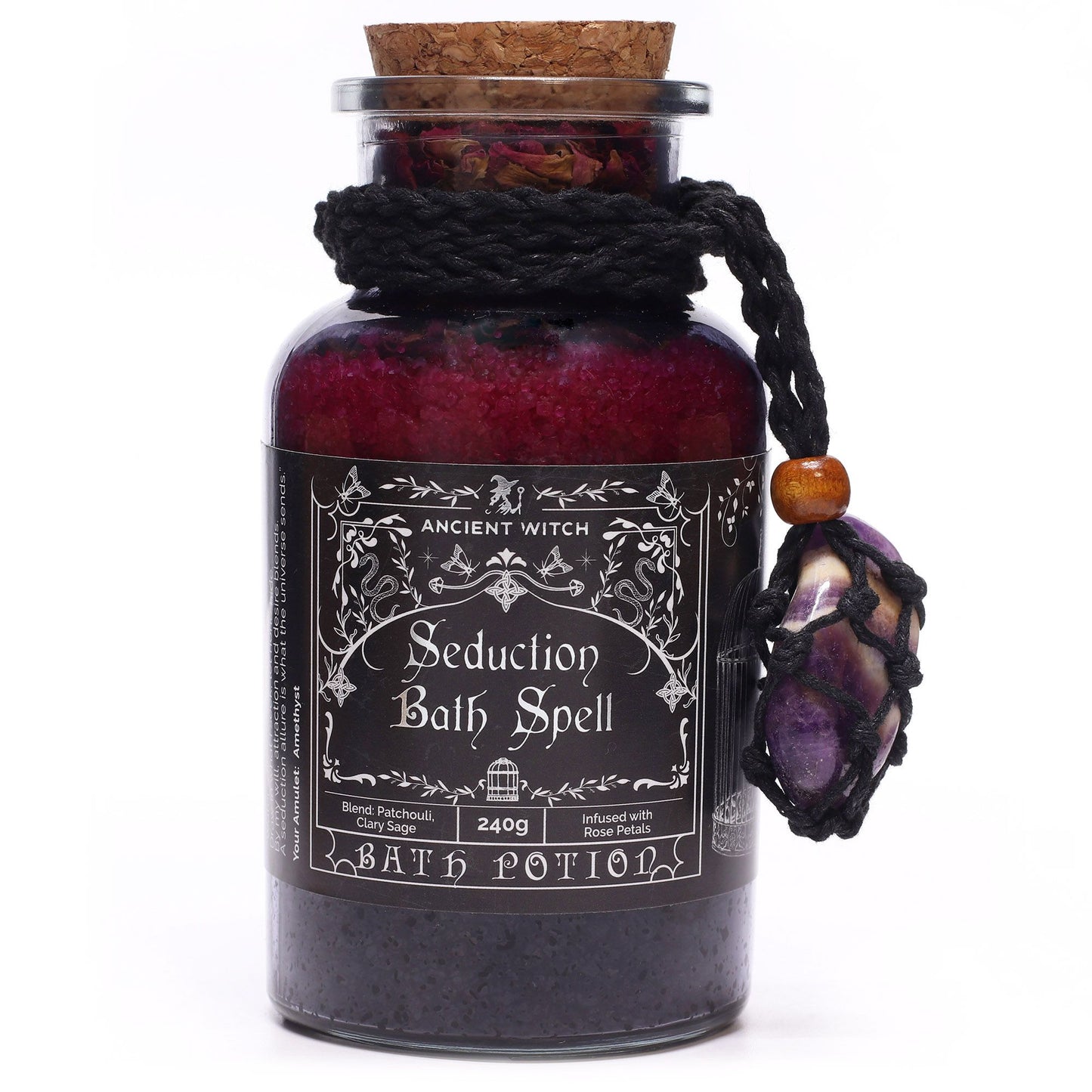 Ancient Witch Bath Spell Potion & Amethyst Crystal Amulet - Seduction – lifestyle shot