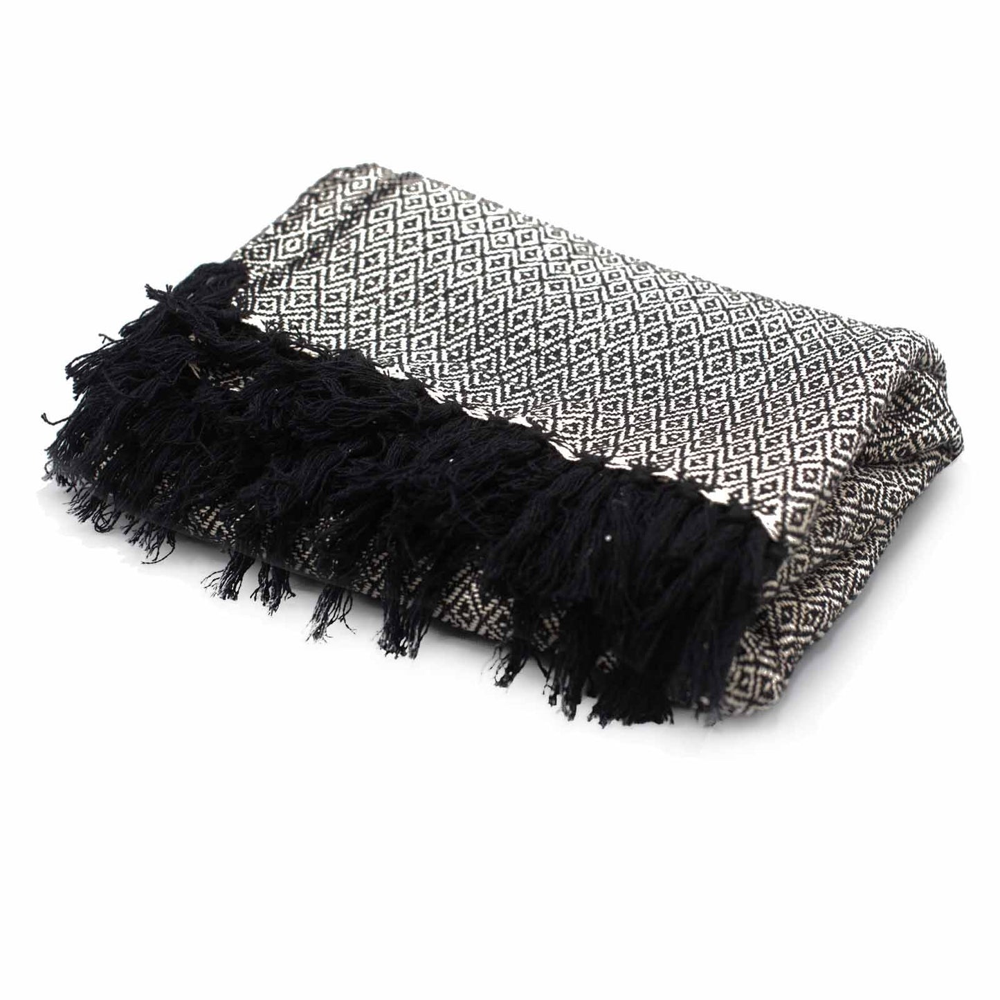 Midnight Weave Boho Throw – Charcoal Diamond Pattern