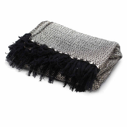 Midnight Weave Boho Throw – Charcoal Diamond Pattern