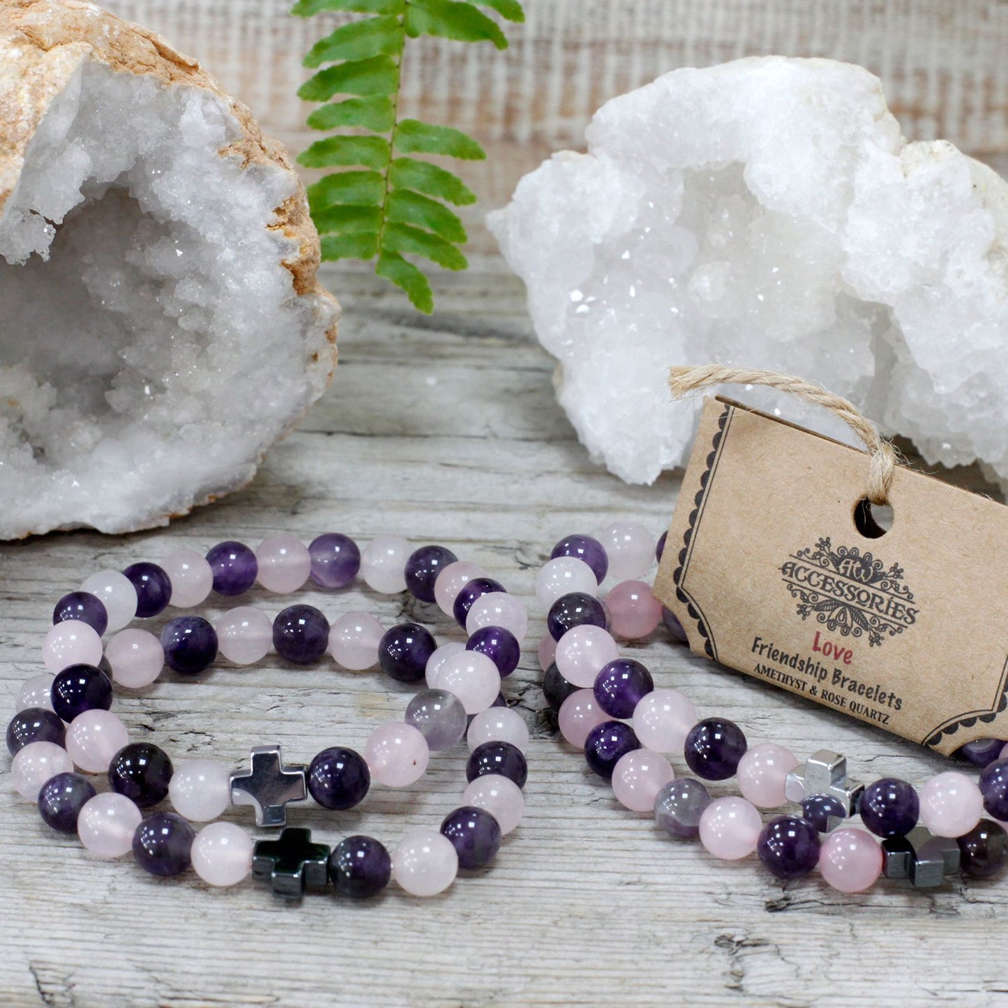 Set of 2 Gemstones Friendship Bracelets - Love - Amethyst & Rose Quartz – lifestyle shot